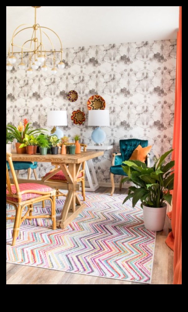 Decorul boem pentru sufragerie Un ghid pentru crearea unui spațiu primitor 4 Decor de sufragerie de inspirație boemă, cu culori îndrăznețe